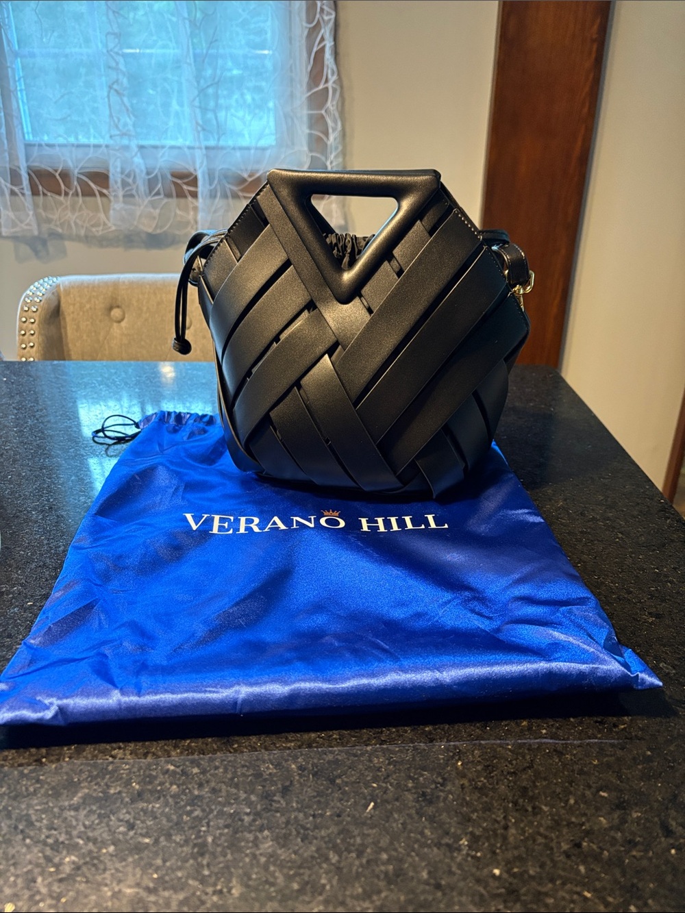 Verano Hill Black Woven Crossbody Bag with Triangle Handle
